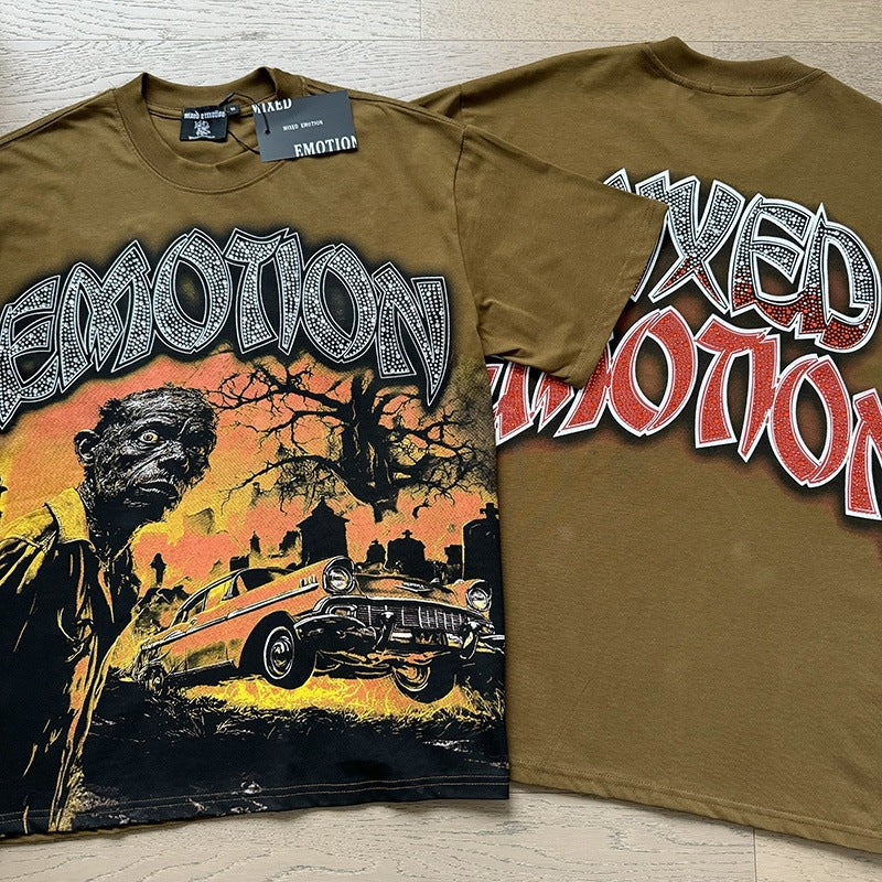 MIXED EMOTION Vintage Rhinestone Zombie Car Graphic T-Shirt (Brown)