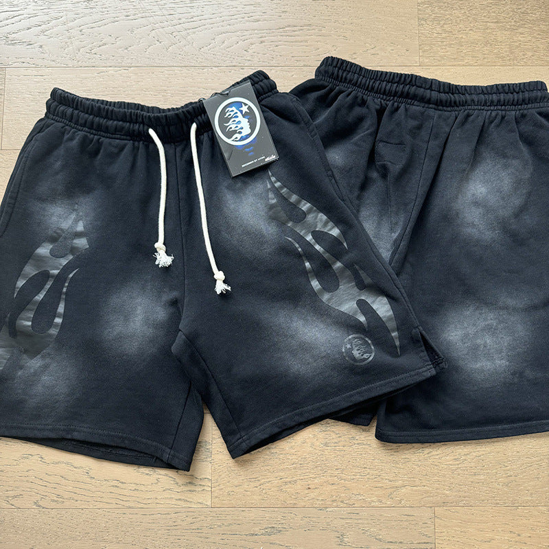 2024 summer new washed and worn casual shorts, flame printed trendy brand Hell Star men's five quarter pants (33)