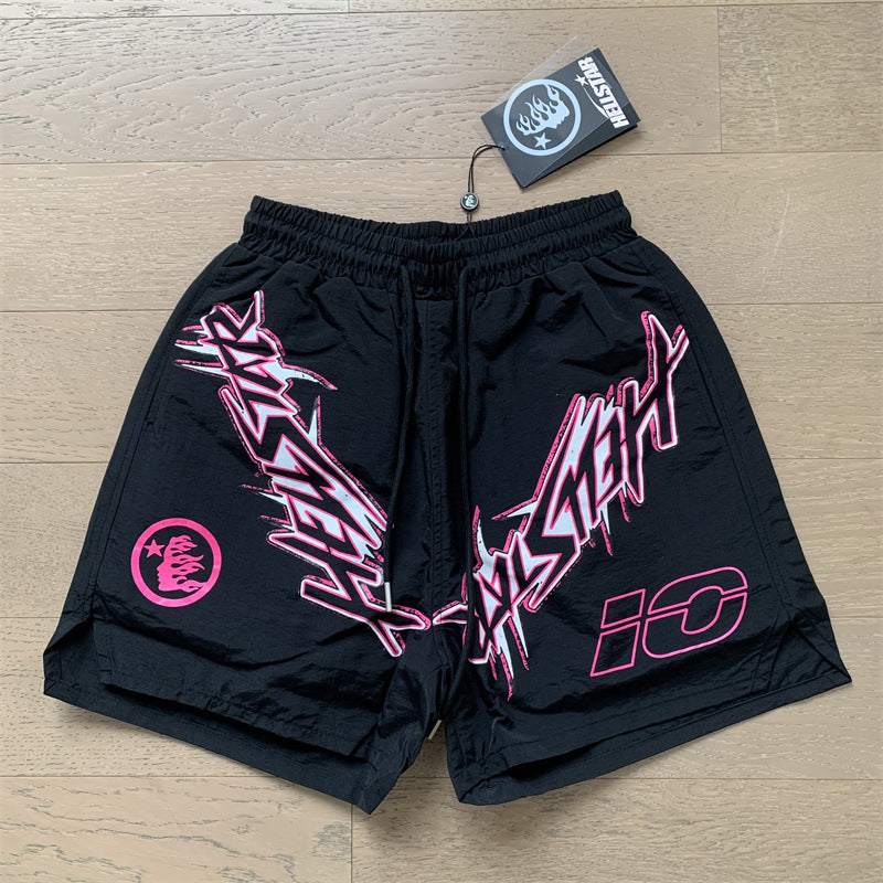 2024 summer new washed and worn casual shorts, flame printed trendy brand Hell Star men's five quarter pants (7)