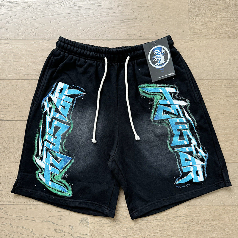 2024 summer new washed and worn casual shorts, flame printed trendy brand Hell Star men's five quarter pants (30)