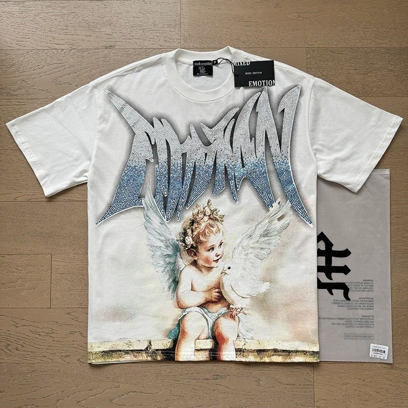 MIXED EMOTION Vintage Rhinestone Dove & Cherub Graphic T-Shirt (White)