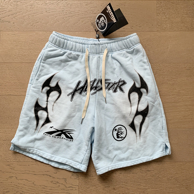 2024 summer new washed and worn casual shorts, flame printed trendy brand Hell Star men's five quarter pants (1)