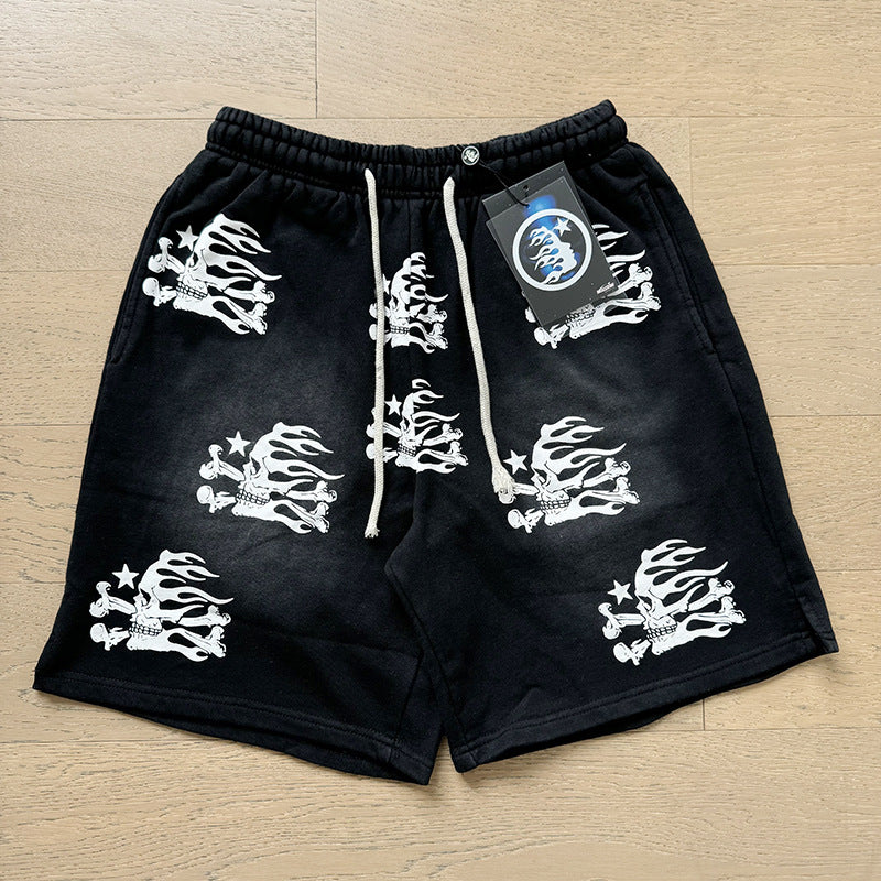 2024 summer new washed and worn casual shorts, flame printed trendy brand Hell Star men's five quarter pants (28)