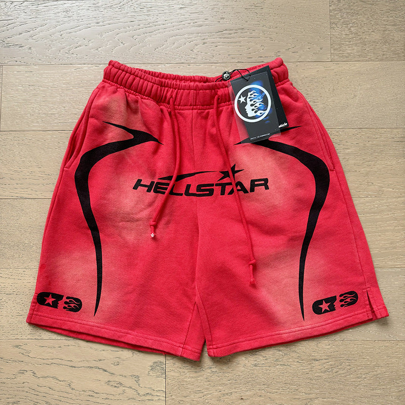 2024 summer new washed and worn casual shorts, flame printed trendy brand Hell Star men's five quarter pants (19)