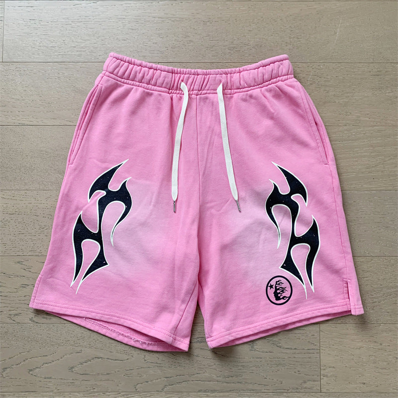 2024 summer new washed and worn casual shorts, flame printed trendy brand Hell Star men's five quarter pants (11)