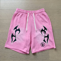 2024 summer new washed and worn casual shorts, flame printed trendy brand Hell Star men's five quarter pants (11)