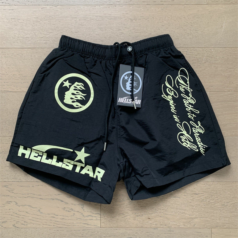 2024 summer new washed and worn casual shorts, flame printed trendy brand Hell Star men's five quarter pants (6)