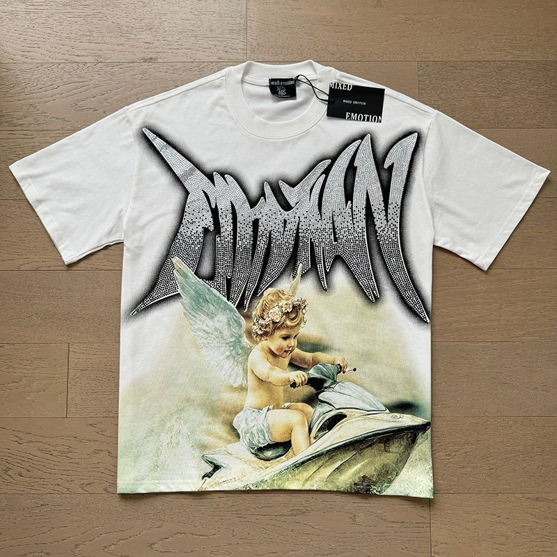 MIXEDEMOTION Retro Hot Diamond Letter Printed Summer High Street Loose Casual Men's and Women's Round Neck Short sleeved T-shirt (26)