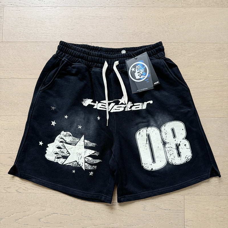 2024 summer new washed and worn casual shorts, flame printed trendy brand Hell Star men's five quarter pants (15)