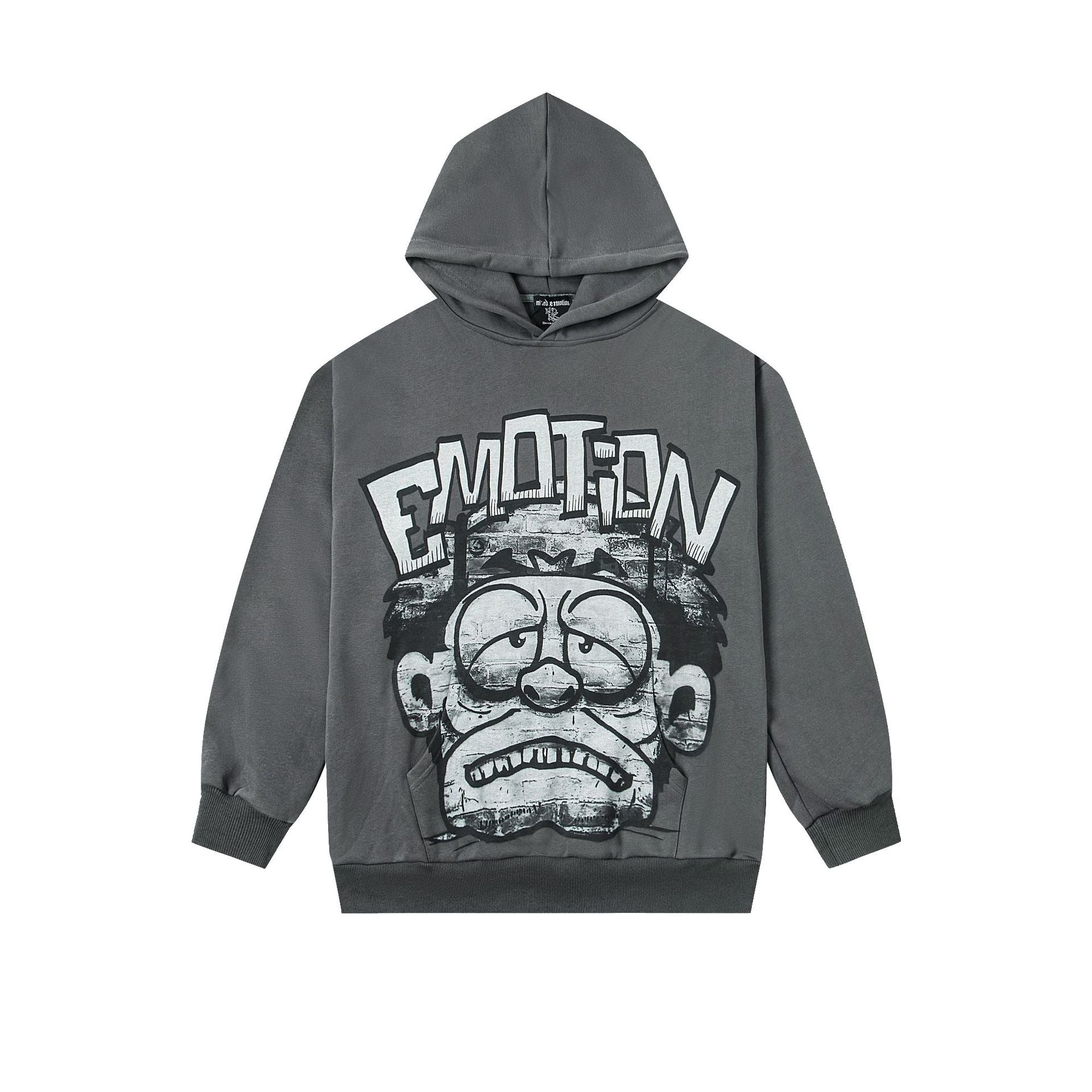 MIXED EMOTION Vintage Grumpy Cartoon Graphic Hoodie (Dark Grey)