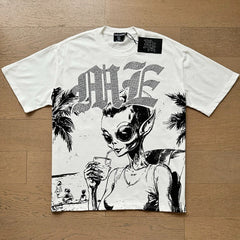MIXED EMOTION Vintage Rhinestone Alien Beach Graphic T-Shirt (White)