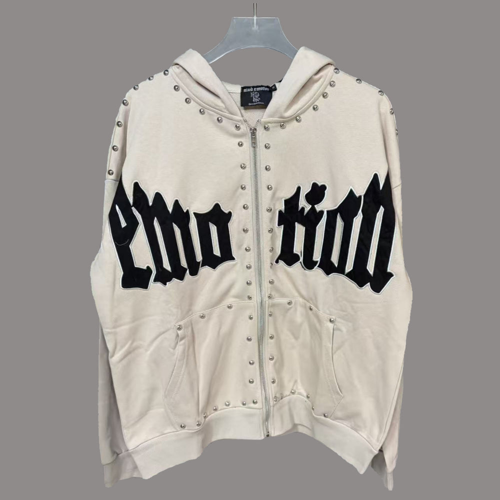 MIXED EMOTION Vintage Rhinestone Black Lettering Full-Zip Hoodie (White)