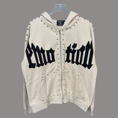 MIXED EMOTION Vintage Rhinestone Black Lettering Full-Zip Hoodie (White)