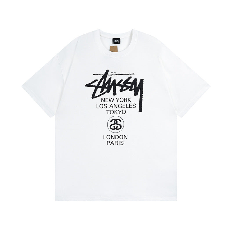 Original 2024 Spring/Summer New Trendy Brand Stu Classic Parade Printed Letter Men's and Women's Same Short Sleeve One Piece Hair Collection (17)