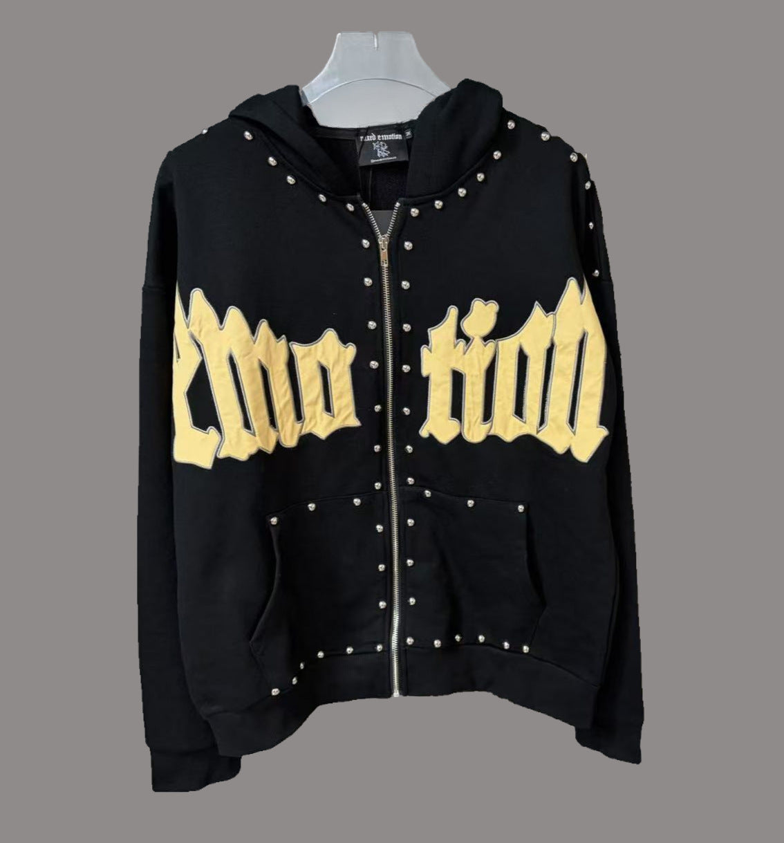 MIXED EMOTION Vintage Rhinestone Yellow Lettering Full-Zip Hoodie (Black)