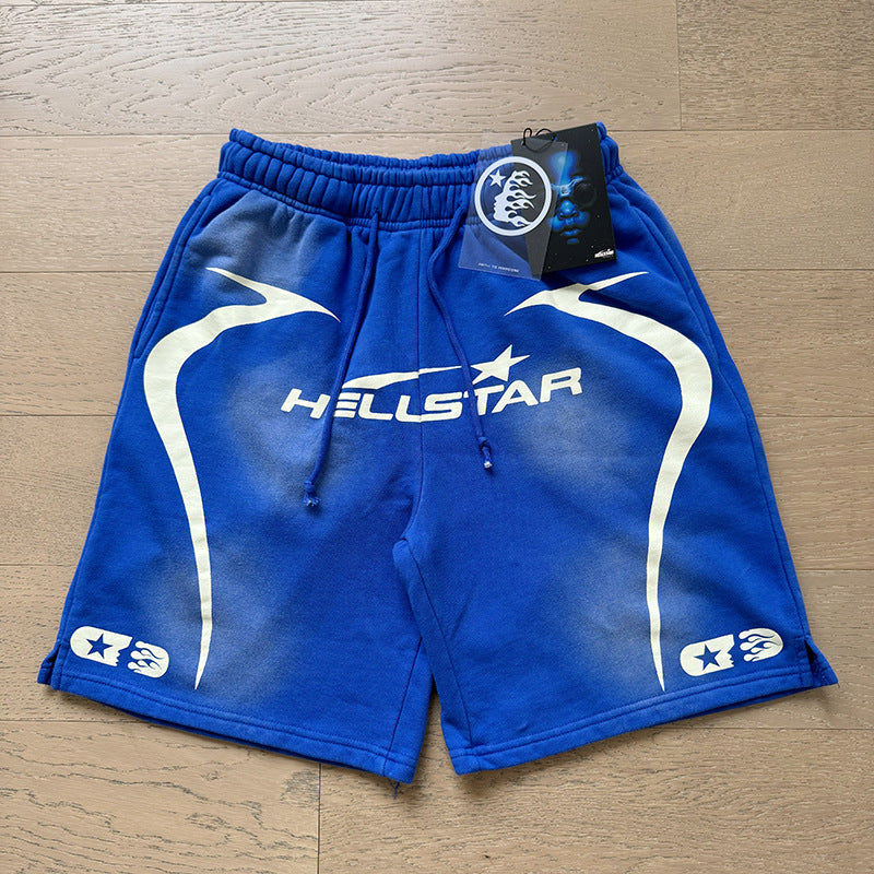 2024 summer new washed and worn casual shorts, flame printed trendy brand Hell Star men's five quarter pants (19)