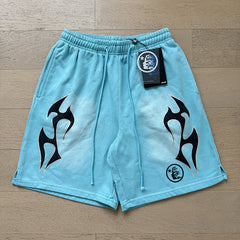 2024 summer new washed and worn casual shorts, flame printed trendy brand Hell Star men's five quarter pants (21)