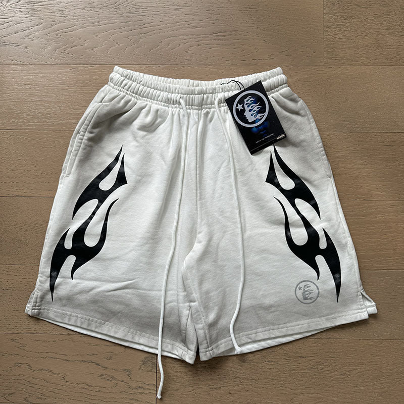 2024 summer new washed and worn casual shorts, flame printed trendy brand Hell Star men's five quarter pants (24)