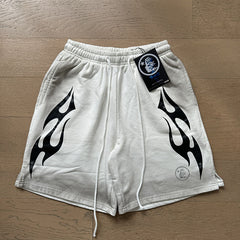 2024 summer new washed and worn casual shorts, flame printed trendy brand Hell Star men's five quarter pants (24)