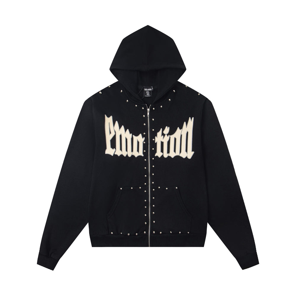 MIXED EMOTION Studded Gothic Script Zip Hoodie (Black)
