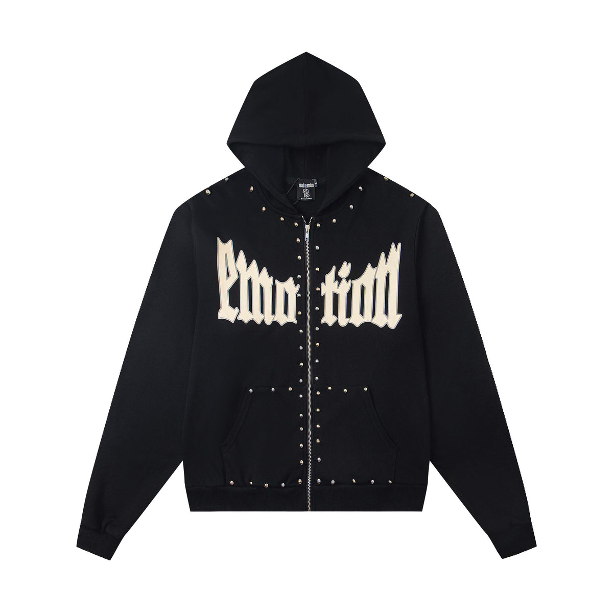 MIXED EMOTION Studded Gothic Script Zip Hoodie (Black)