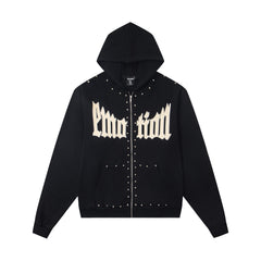 MIXED EMOTION Studded Gothic Script Zip Hoodie (Black)