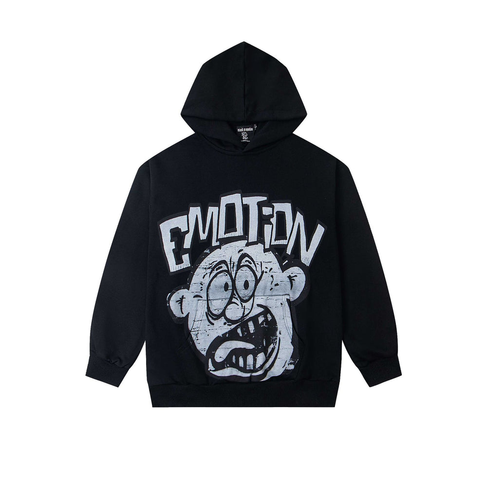 MIXED EMOTION Vintage Cartoon Face Graphic Hoodie (Black)