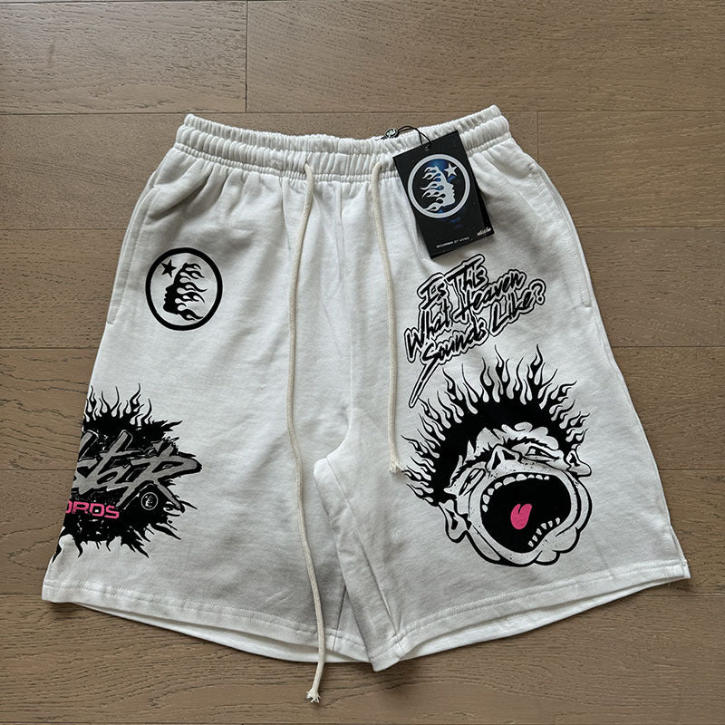 2024 summer new washed and worn casual shorts, flame printed trendy brand Hell Star men's five quarter pants (26)