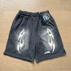 2024 summer new washed and worn casual shorts, flame printed trendy brand Hell Star men's five quarter pants (3)