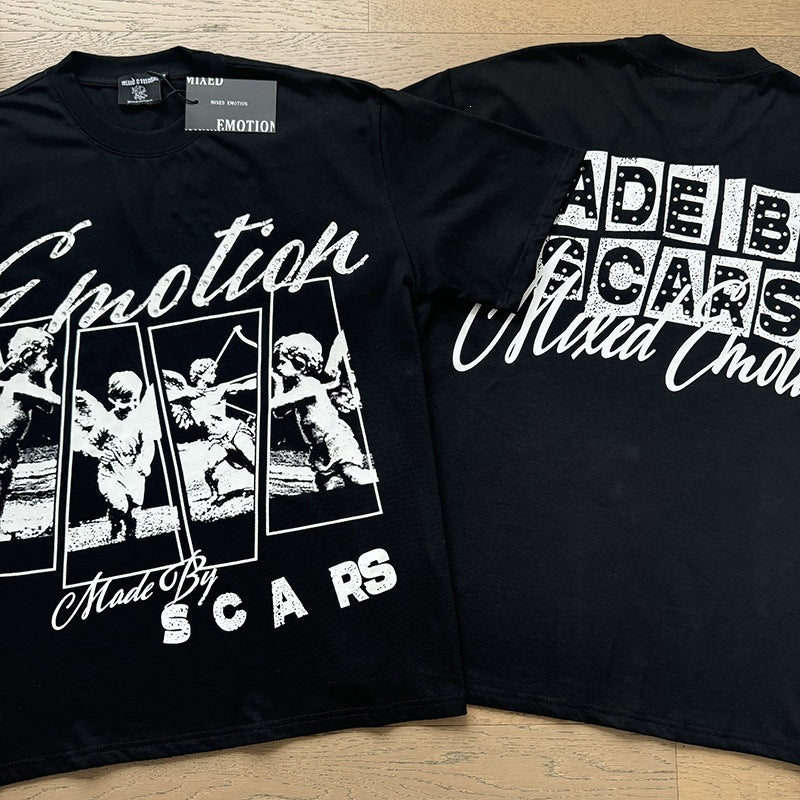 MIXED EMOTION Vintage Rhinestone "Made By Scars" Multi-Panel Cherub T-Shirt (Black)