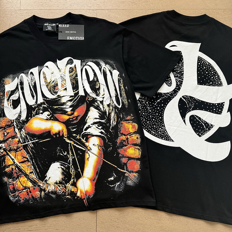 MIXED EMOTION Vintage Rhinestone Blindfolded Archer Graphic T-Shirt (Black)
