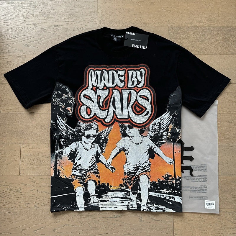 MIXEDEMOTION Retro Hot Diamond Letter Printed Summer High Street Loose Casual Men's and Women's Round Neck Short sleeved T-shirt (26)