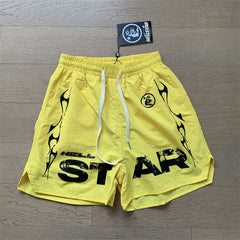 2024 summer new washed and worn casual shorts, flame printed trendy brand Hell Star men's five quarter pants (8)