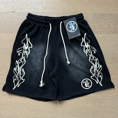 2024 summer new washed and worn casual shorts, flame printed trendy brand Hell Star men's five quarter pants (31)