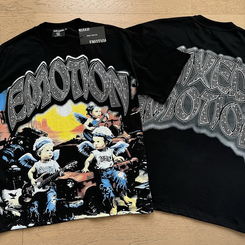 MIXED EMOTION Vintage Rhinestone Rock Band Cherubs Graphic T-Shirt (Black)