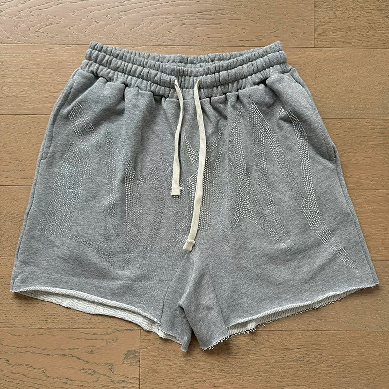 MIXED EMOTION Vintage Rhinestone Lettering Sweatshorts (Heather Grey)