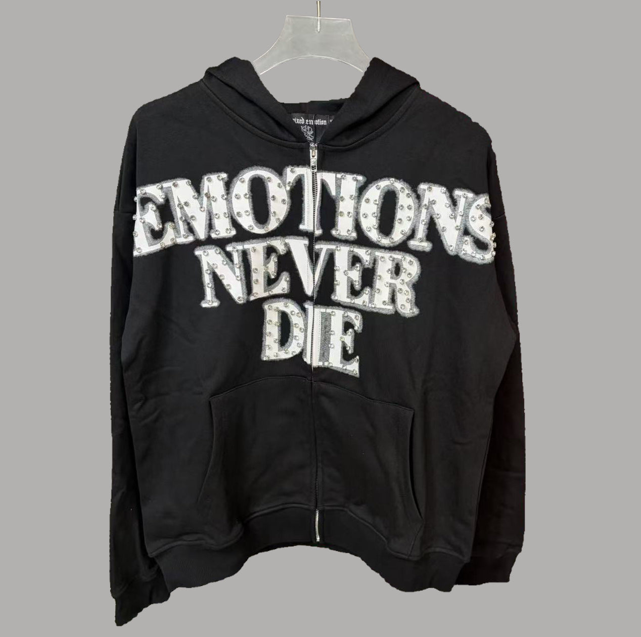 MIXED EMOTION Vintage Rhinestone "Emotions Never Die" Full-Zip Hoodie (Black)