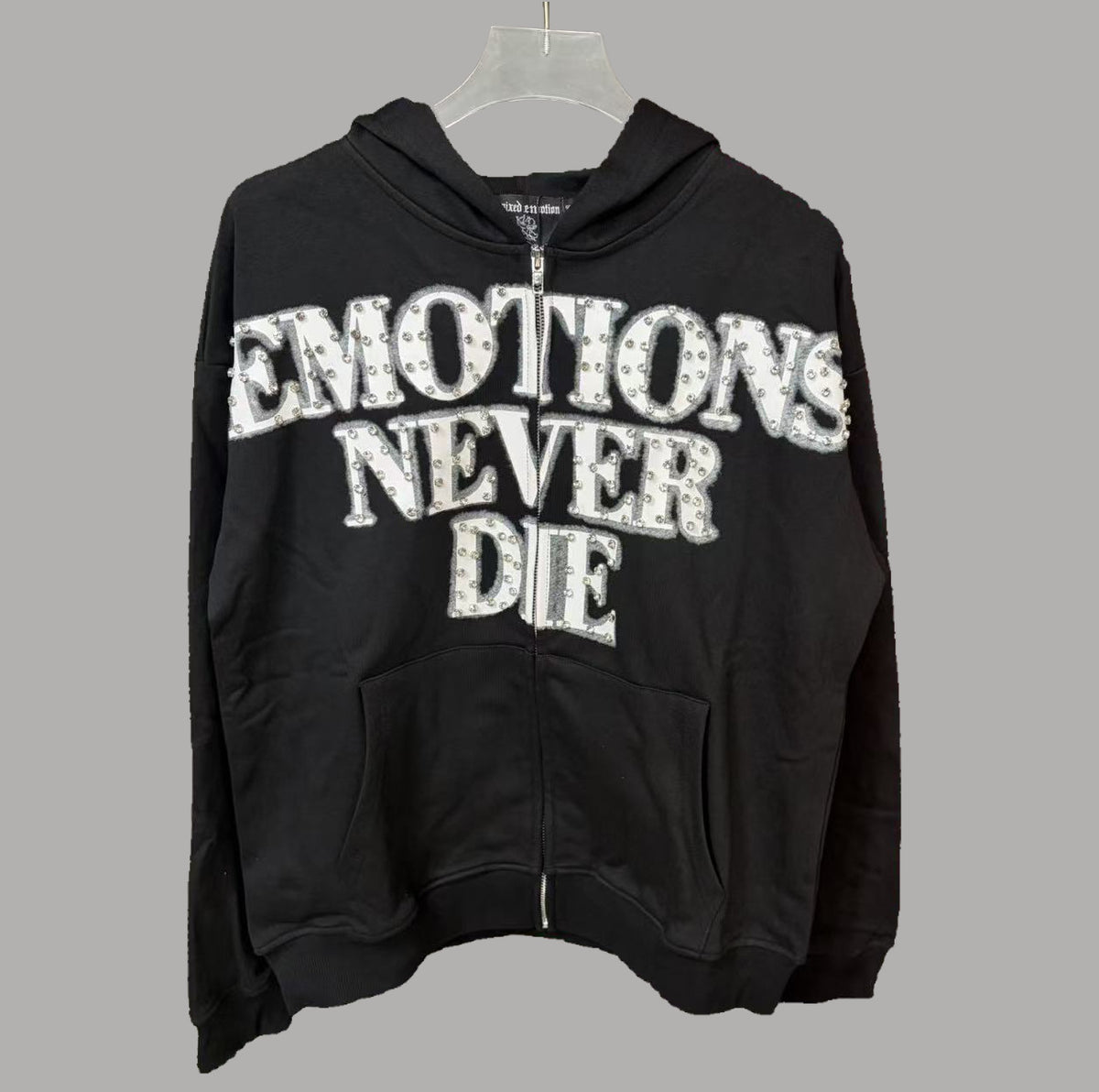 MIXED EMOTION Vintage Rhinestone "Emotions Never Die" Full-Zip Hoodie (Black)