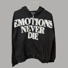 MIXED EMOTION Vintage Rhinestone "Emotions Never Die" Full-Zip Hoodie (Black)