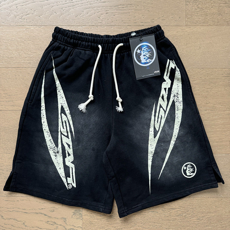 2024 summer new washed and worn casual shorts, flame printed trendy brand Hell Star men's five quarter pants (32)