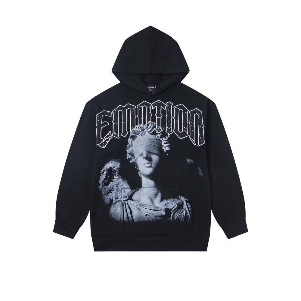 MIXED EMOTION Vintage Blindfolded Statue Graphic Hoodie (Black)