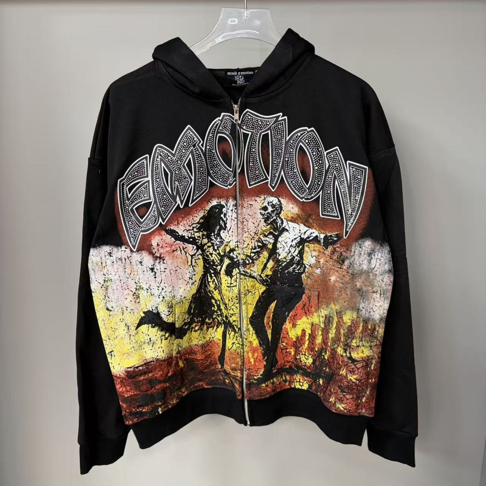 MIXED EMOTION Vintage Rhinestone Apocalyptic Dancing Couple Full-Zip Hoodie (Black)