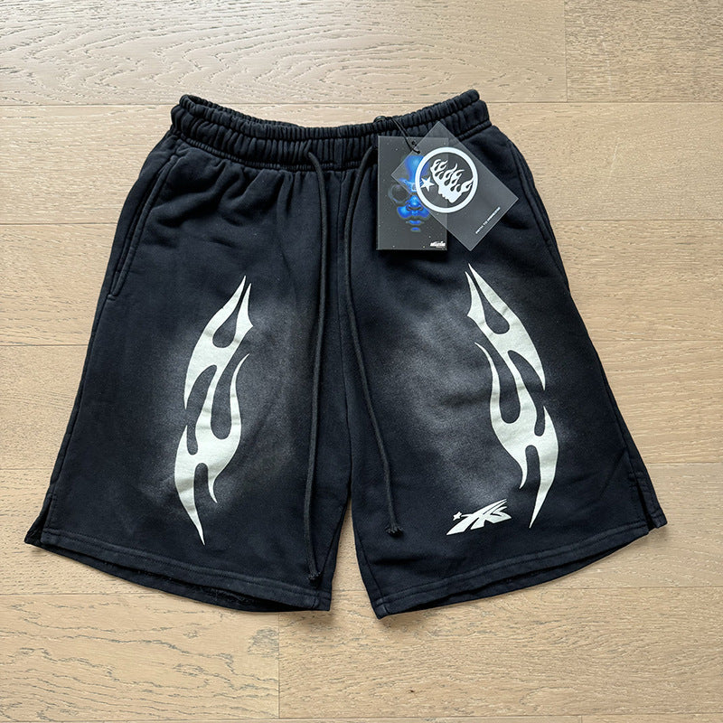 2024 summer new washed and worn casual shorts, flame printed trendy brand Hell Star men's five quarter pants (2)