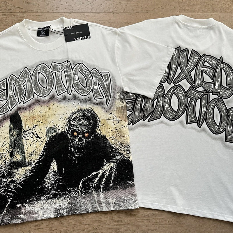 MIXED EMOTION Vintage Rhinestone Crawling Zombie Graphic T-Shirt (White)