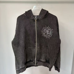 MIXED EMOTION Vintage Acid-Wash Rhinestone Sun Emblem Full-Zip Hoodie