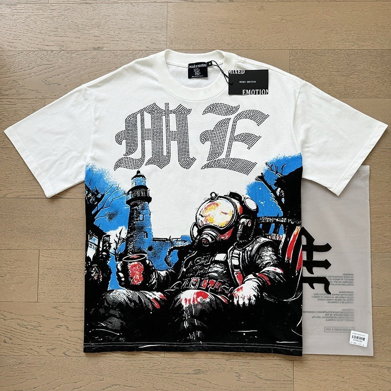 MIXEDEMOTION Retro Hot Diamond Letter Printed Summer High Street Loose Casual Men's and Women's Round Neck Short sleeved T-shirt (26)