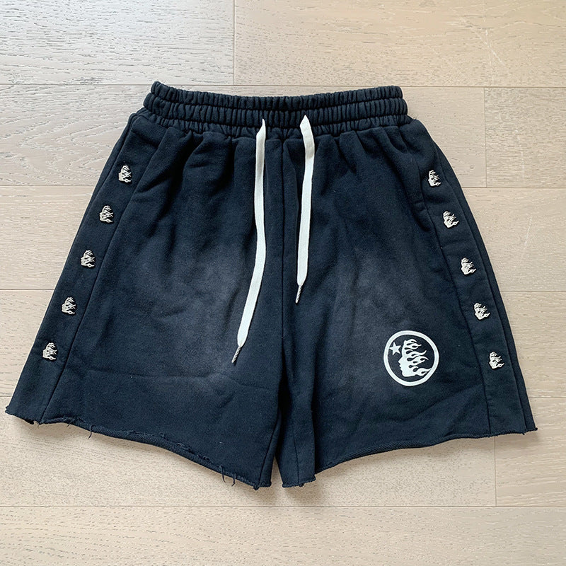 2024 summer new washed and worn casual shorts, flame printed trendy brand Hell Star men's five quarter pants (4)