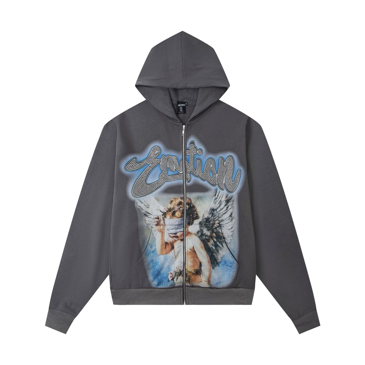 MIXED EMOTION Vintage Angel Graphic Zip Hoodie (Charcoal)