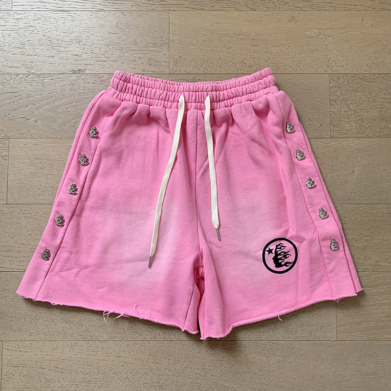 2024 summer new washed and worn casual shorts, flame printed trendy brand Hell Star men's five quarter pants (5)