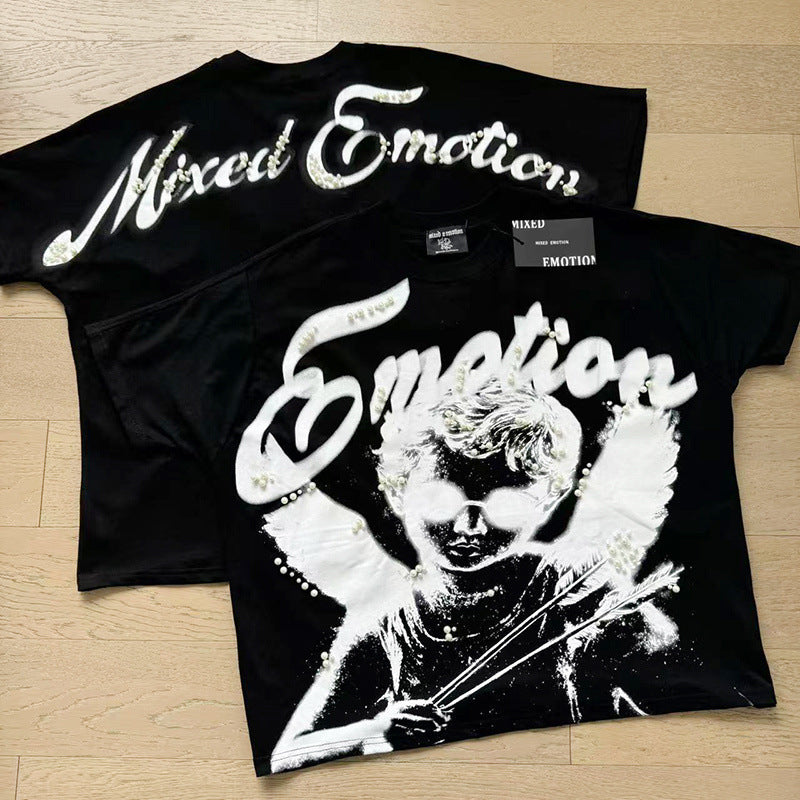 MIXEDEMOTION Retro Hot Diamond Letter Printed Summer High Street Loose Casual Men's and Women's Round Neck Short sleeved T-shirt (26)